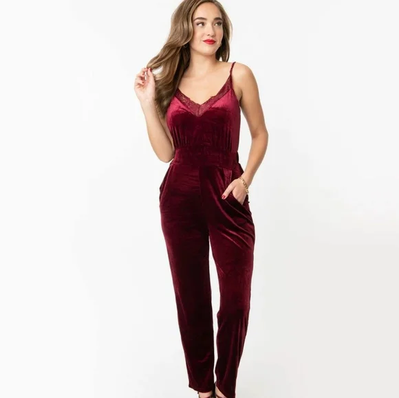 ISO unique vintage burgundy red velvet lace jumpsuit - Picture 1 of 1